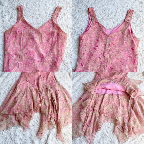 Vintage Y2K 100% silk fairy dress asymmetrical pink paisley print slip midi M - Picture 10 of 14